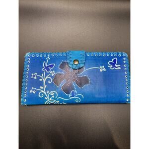 BLUE FLORAL BUTTERFLY WOMENS FOLDOVER WALLET BOHO 7.5" X 3.5" SNAP ZIP
